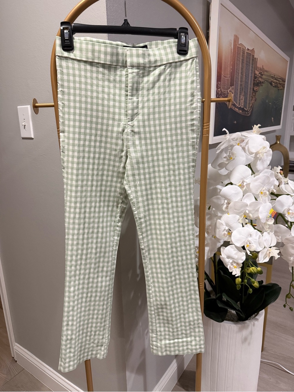 Zara Mint Green Gingham Straight-Leg Pants Size M